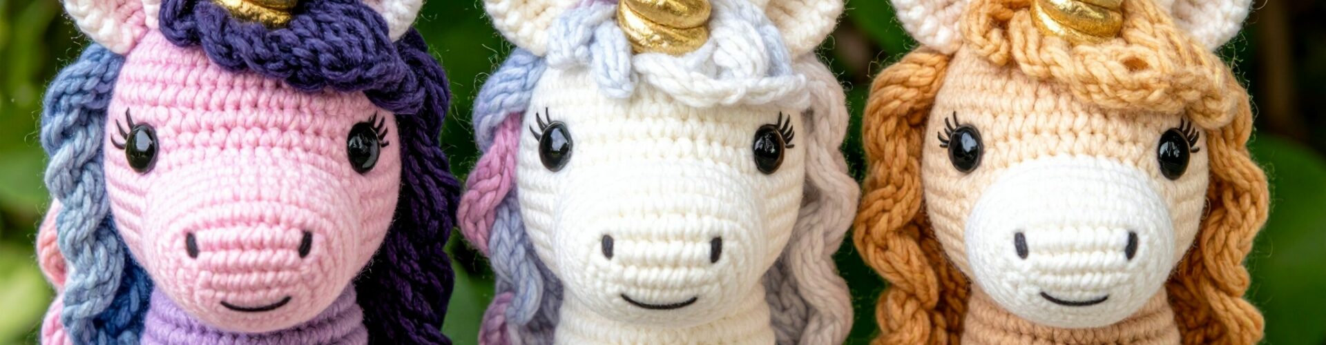 Cute amigurumi unicorn crochet characters, knitted yarn toy for children